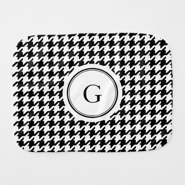 Classy black white houndstooth pattern monogram baby burp cloth (Front Horizontal)