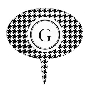 Classy black white houndstooth pattern monogram cake topper