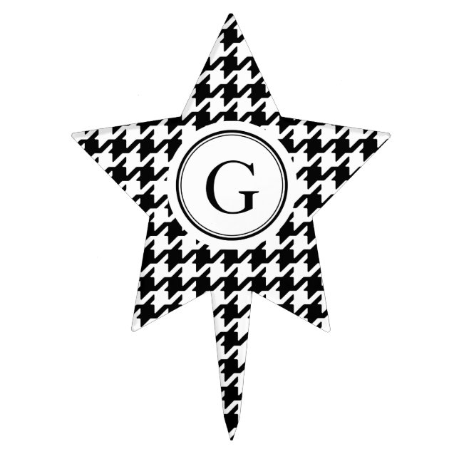 Classy black white houndstooth pattern monogram cake topper (Front)