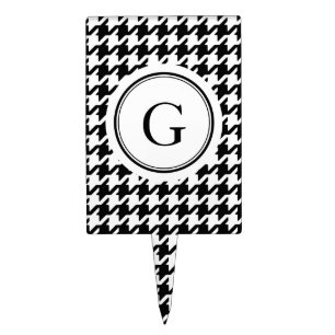 Classy black white houndstooth pattern monogram cake topper