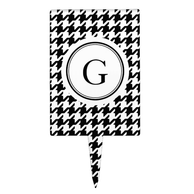 Classy black white houndstooth pattern monogram cake topper (Front)