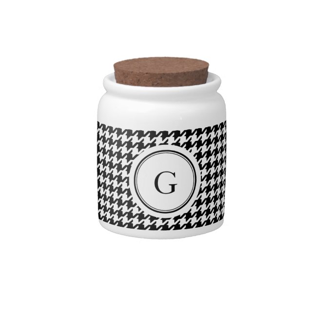 Classy black white houndstooth pattern monogram candy jar (Front)