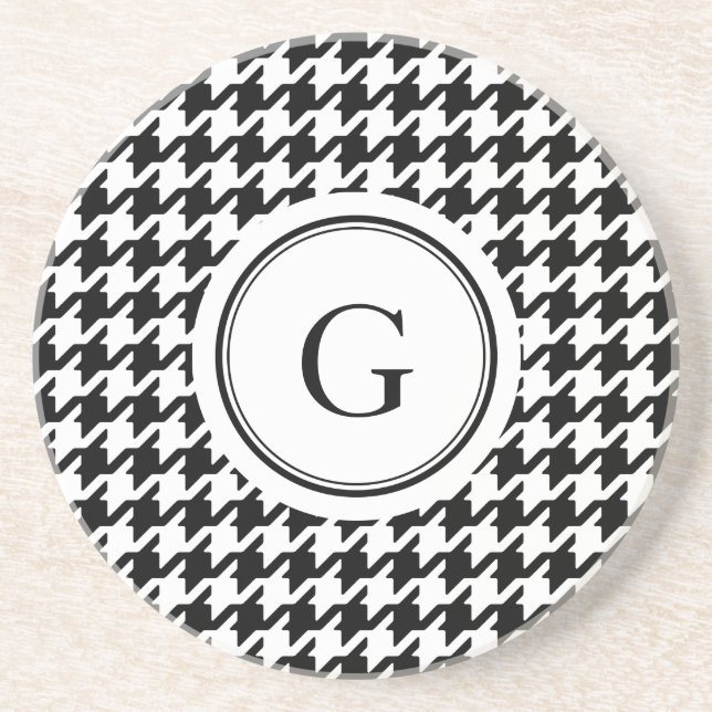Classy black white houndstooth pattern monogram coaster (Front)