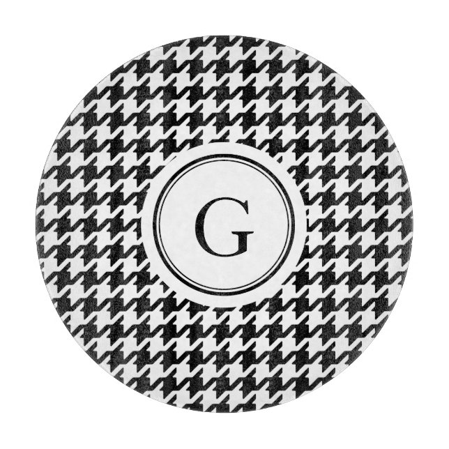 Classy black white houndstooth pattern monogram cutting board (Front)