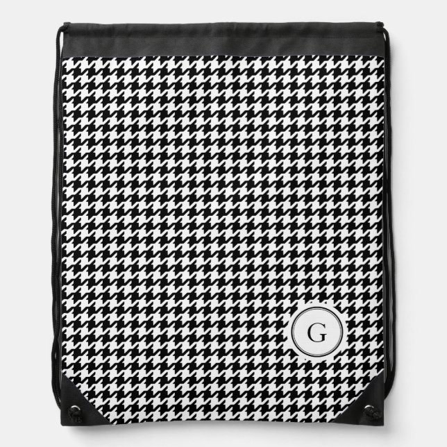 Classy black white houndstooth pattern monogram drawstring bag (Front)