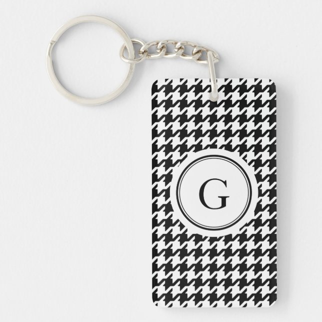 Classy black white houndstooth pattern monogram keychain (Front)