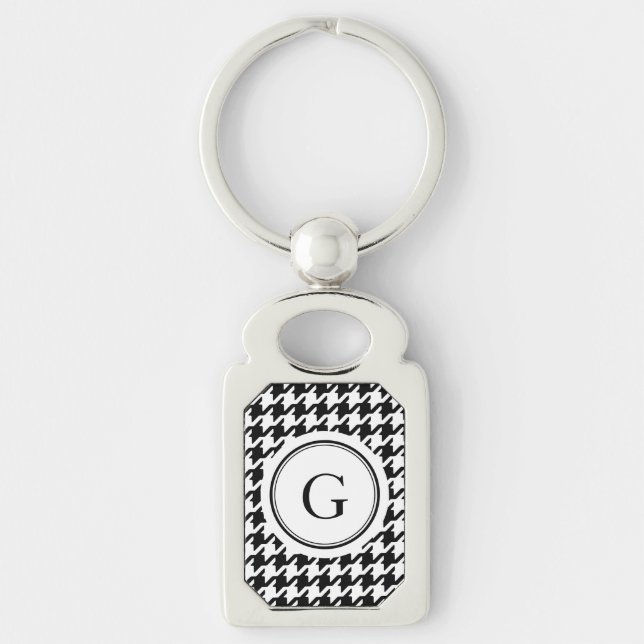 Classy black white houndstooth pattern monogram keychain (Front)