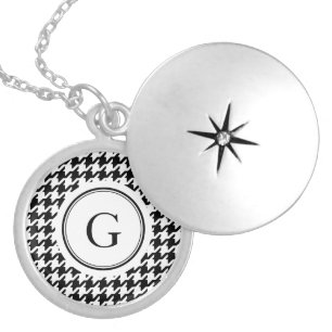 Classy black white houndstooth pattern monogram locket necklace