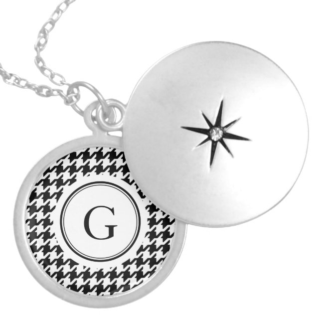 Classy black white houndstooth pattern monogram locket necklace (Front)