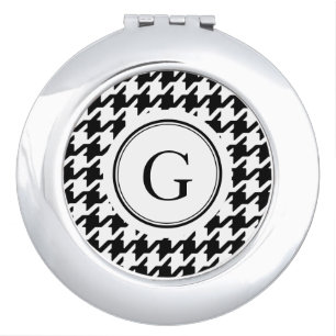 Classy black white houndstooth pattern monogram makeup mirror