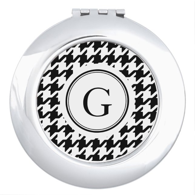 Classy black white houndstooth pattern monogram makeup mirror (Front)
