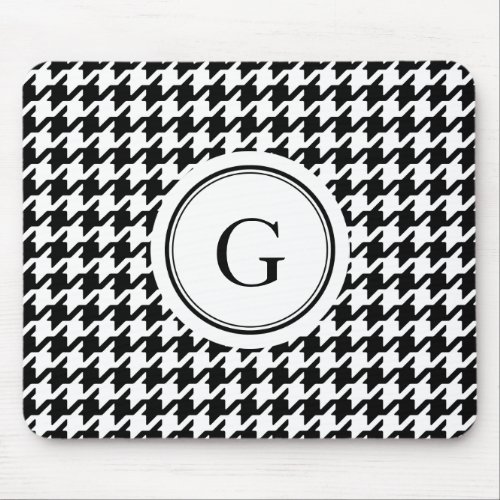 Classy black white houndstooth pattern monogram mouse pad