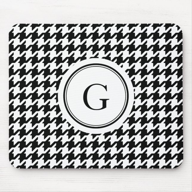 Classy black white houndstooth pattern monogram mouse pad (Front)