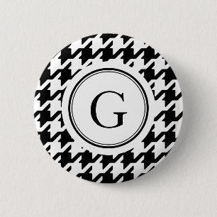 Classy black white houndstooth pattern monogram pinback button