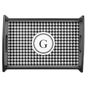 Classy black white houndstooth pattern monogram serving tray