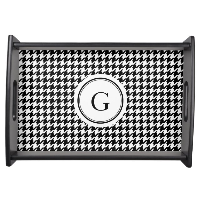 Classy black white houndstooth pattern monogram serving tray (Front)