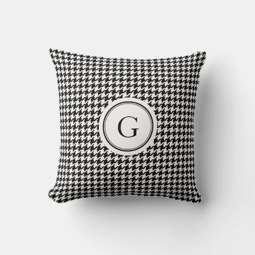 Classy black white houndstooth pattern monogram throw pillow
