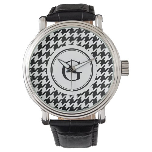 Classy black white houndstooth pattern monogram watch