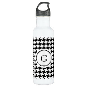 Classy black white houndstooth pattern monogram water bottle