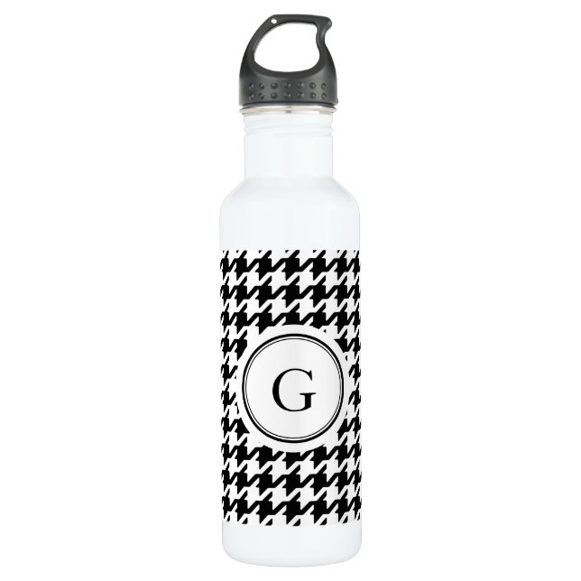 Classy black white houndstooth pattern monogram water bottle (Front)