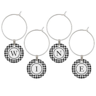 Classy black white houndstooth pattern monogram wine charm