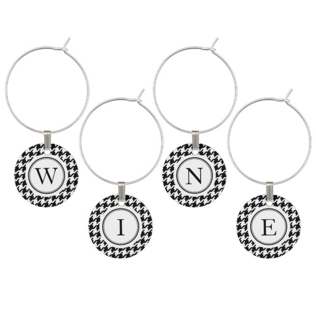Classy black white houndstooth pattern monogram wine charm (Staggered)