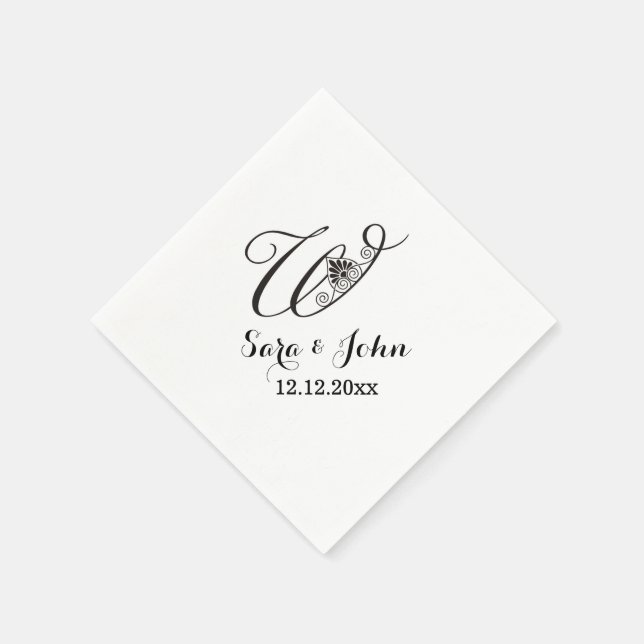 Classy Black  white initial W Wedding Monogram Paper Napkins (Corner)