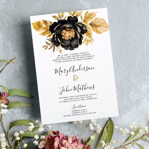 Classy black white ivory gold peony floral Wedding Invitation