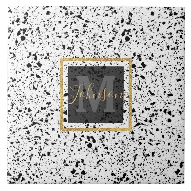 Classy Black White Marble Terrazzo Ceramic Tile (Front)