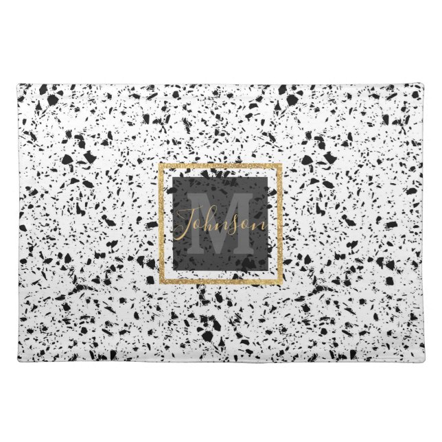 Classy Black White Marble Terrazzo Cloth Placemat (Front)