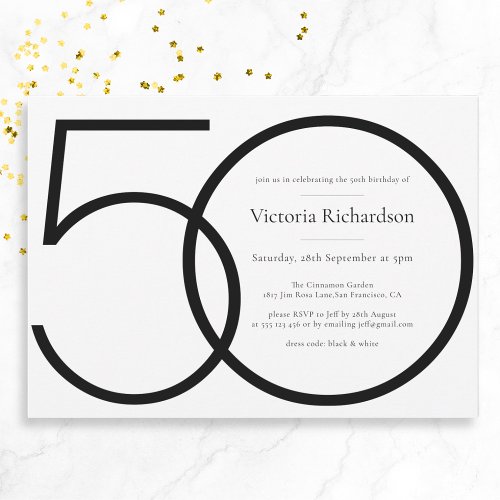 Classy Black White Modern Minimalist 50th Birthday Invitation