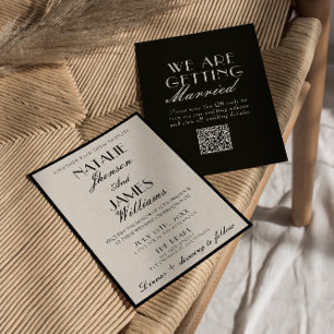 Classy Black White Old Money Fancy QR Code Wedding Invitation