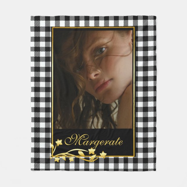 Classy Black & White Personalized Photo Gold Frame Fleece Blanket (Front)