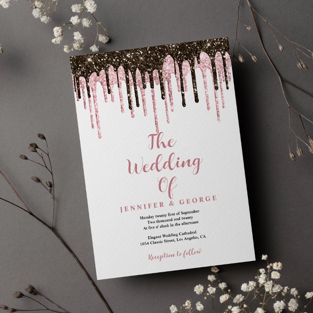 Classy black white rose gold glitter drips wedding invitation (Classy black white rose gold glitter drips wedding)