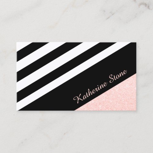 Classy black  white stripe rose gold glitter business card