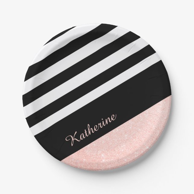 Classy black & white stripe rose gold glitter paper plates (Front)