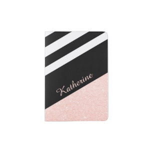Classy black & white stripe rose gold glitter passport holder
