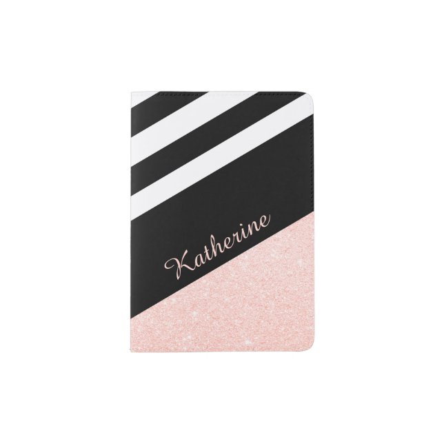 Classy black & white stripe rose gold glitter passport holder (Front)