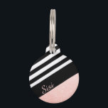 Classy black & white stripe rose gold glitter pet ID tag<br><div class="desc">Girly and modern design featuring stripe & faux rose gold glitter.</div>