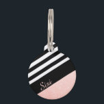 Classy black & white stripe rose gold glitter pet ID tag<br><div class="desc">Girly and modern design featuring stripe & faux rose gold glitter.</div>