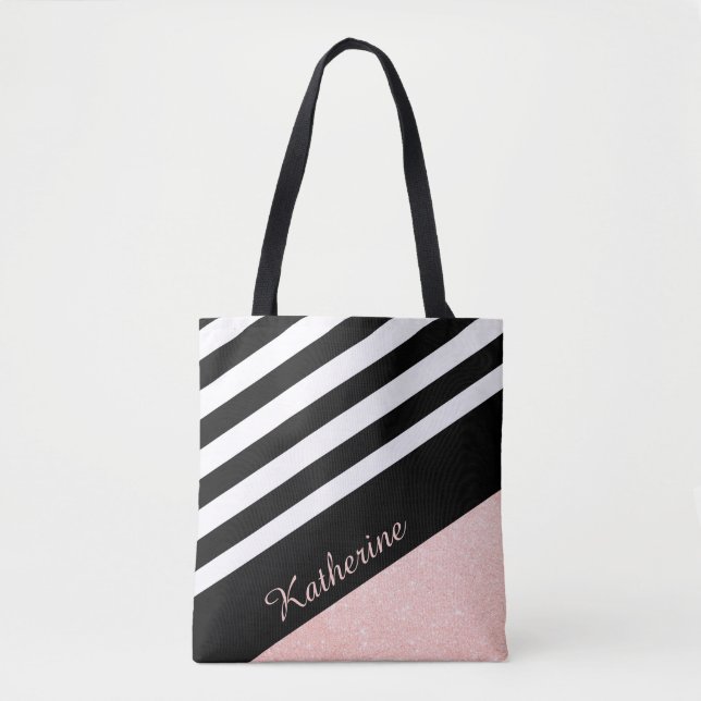 Classy black & white stripe rose gold glitter tote bag (Front)