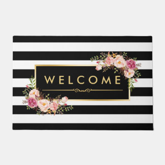 Classy Black White Stripes Beautiful Floral Decor Doormat