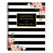 Classy Black White Stripes Floral Personal Notes Notebook Classy Black White Stripes Floral Personal Notes Notebook