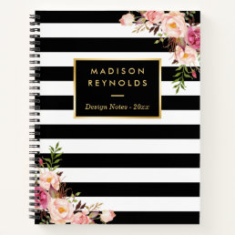 Classy Black White Stripes Floral Personal Notes Notebook