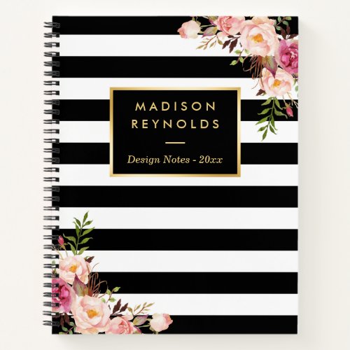 Classy Black White Stripes Floral Personal Notes Notebook