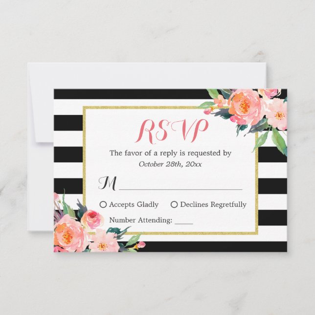 Classy Black White Stripes Floral RSVP Reply (Front)