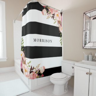 Classy Black White Stripes Vintage Floral Monogram Shower Curtain