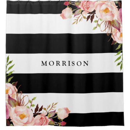 Classy Black White Stripes Vintage Floral Monogram Shower Curtain