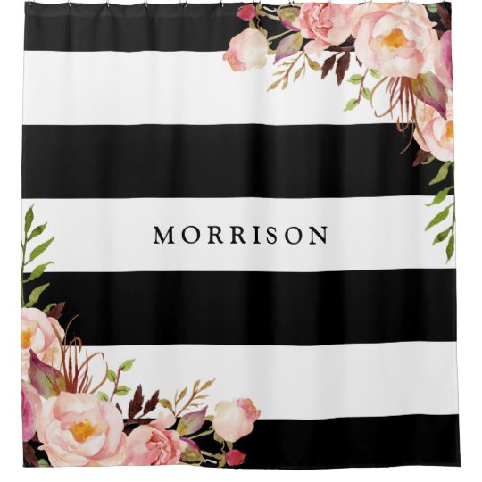 Classy Black White Stripes Vintage Floral Monogram Shower Curtain