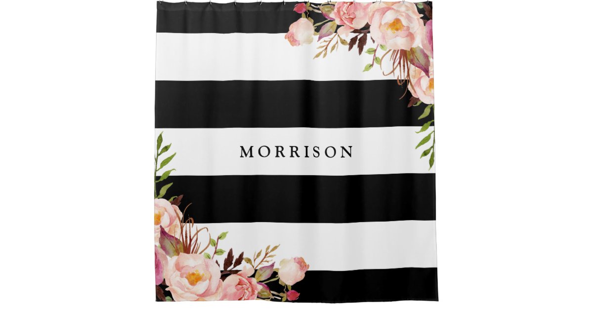 Classy Black White Stripes Vintage Floral Monogram Shower Curtain